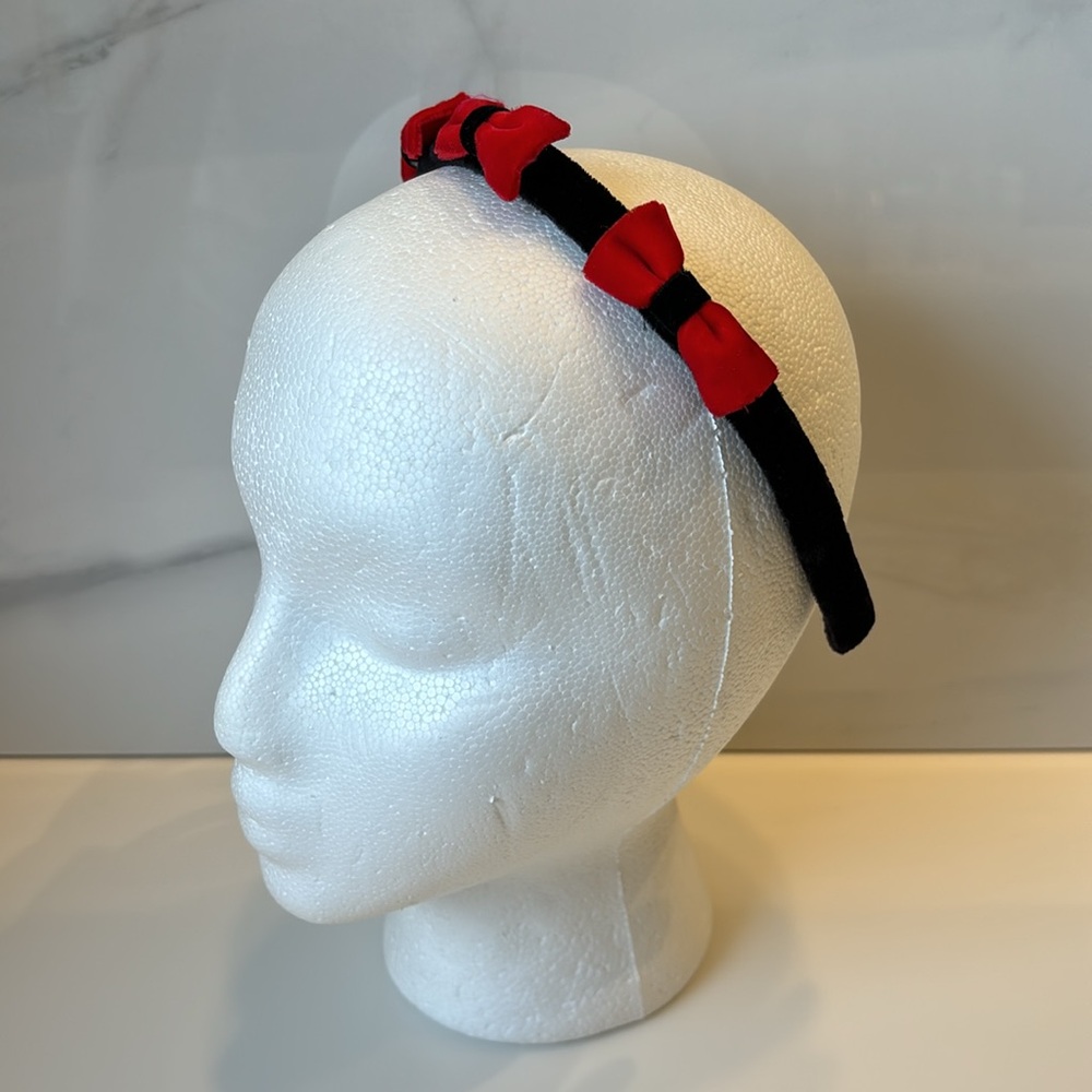 Black Velvet 3 Dimensional Headband with 3 Red Velvet Bows 1/2” wide - Picture 4 of 9